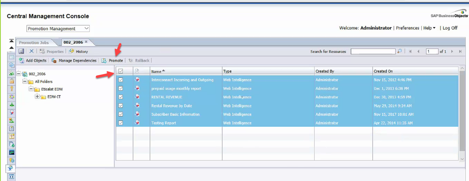 Export and import files from BOBJ server
