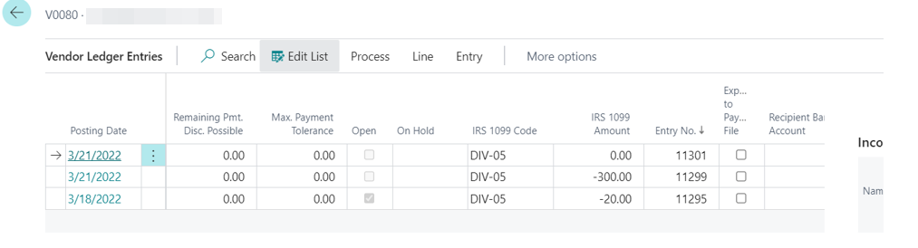 Vendor Ledger Entries Window